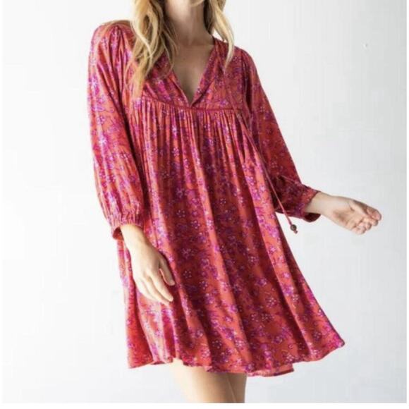 NATURAL LIFE Dresses & Skirts - Natural life Rose Dress Rust Purple Floral Tie Neck Babydoll Womens Medium